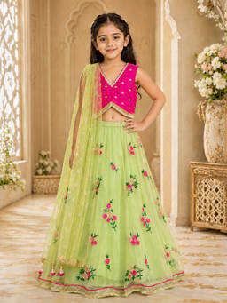 PSPeaches - Girls Pink Embroidered Taffeta Lehenga and Choli with Dupatta