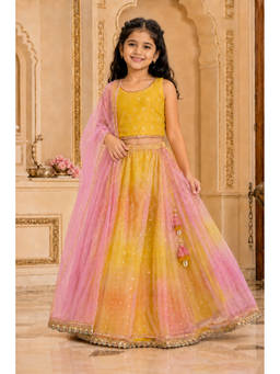 PSPeaches - Girls Yellow Solid/Plain Dupion Lehenga and Choli with Dupatta
