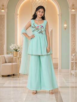 PSPeaches - Girls Green Embroidered Georgette Kurti and Palazzo with Dupatta