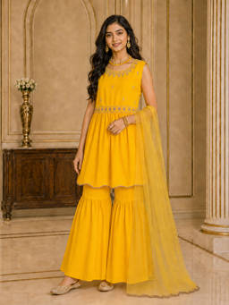 PSPeaches - Girls Yellow Embroidered Georgette Kurti and Sharara with Dupatta