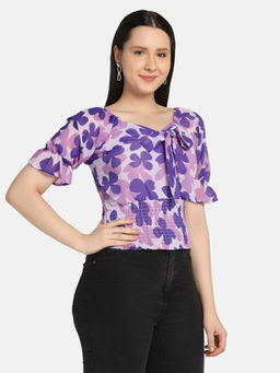 Buynewtrend - Purple Georgette Flower Print V-Neck Short Women Top