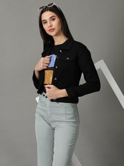 SHOWOFFFF - Women's Spread Collar Solid Black Denim Jacket