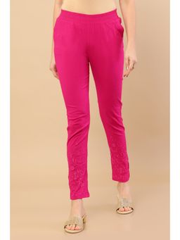 Soch - Fuchsia Viscose Straight Pants with Floral Embroidery