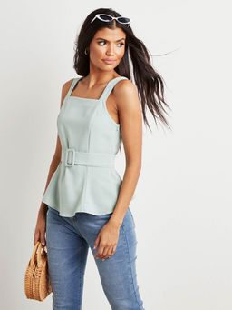 Styli - Green Solid Square Neck Belted Top (Set of 2)