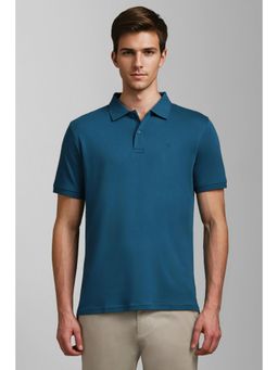 Louis Philippe - Men Teal Solid Collar Neck Polo T-Shirt