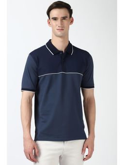 Peter England - Men Navy Blue Colorblock Collar Neck Polo T-Shirt