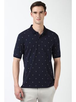 Peter England - Men Navy Blue Printed Collar Neck Polo T-Shirt
