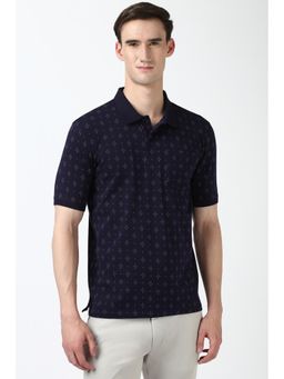 Peter England - Men Navy Blue Printed Collar Neck Polo T-Shirt