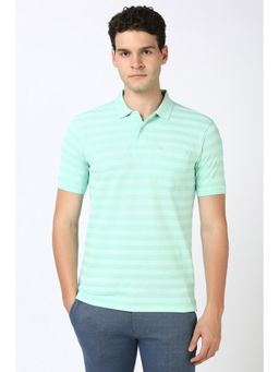 Peter England - Men Green Stripe Collar Neck Polo T-Shirt