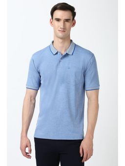 Peter England - Men Blue Textured Collar Neck Polo T-Shirt