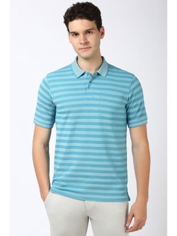 Peter England - Men Blue Stripe Collar Neck Polo T-Shirt