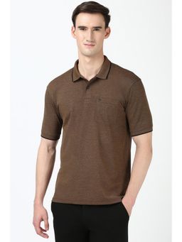 Peter England - Men Brown Textured Collar Neck Polo T-Shirt
