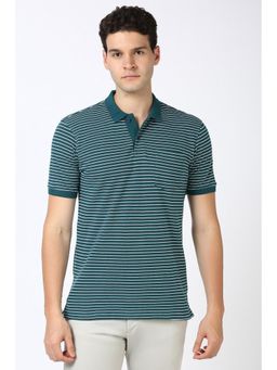 Peter England - Men Green Stripe Collar Neck Polo T-Shirt