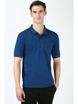 Peter England - Men Navy Blue Textured Collar Neck Polo T-Shirt