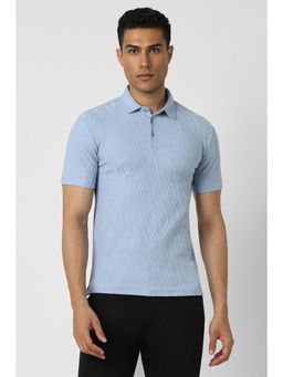 Van Heusen - Men Blue Textured Collar Neck Polo T-Shirt