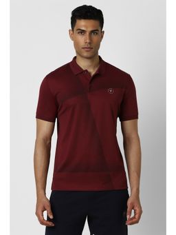 Van Heusen - Men Maroon Stripe Pattern Collar Neck Polo T-Shirt