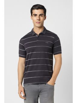 Van Heusen - Men Black Stripe Collar Neck Polo T-Shirt