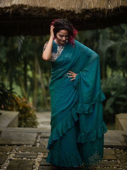 Suta - Teal Pure Cotton Ruffle Saree without Blouse