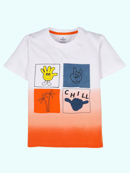 KiddoPanti - Boys Orange Cotton Half Sleeves Ombre Front Panel T-Shirt