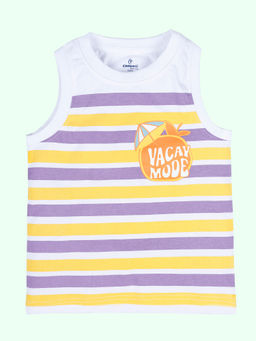 KiddoPanti - Boys Purple Cotton Sleeveless Vacay Mood Stripes T-Shirt