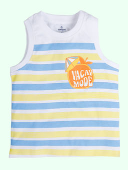 KiddoPanti - Boys Blue Cotton Sleeveless Vacay Mood Stripes T-Shirt