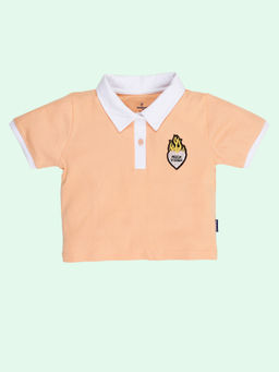KiddoPanti - Girls Peach Half Sleeves Heart Badge Crop Polo T-Shirt