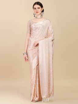 Amrutam Fab - Womens Chinon Satin Foil Print Beige Saree with Unstitched Blouse Piece