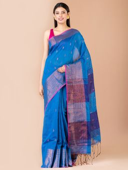 LAA CALCUTTA - Turquoise & Blue Silk Banarasi Saree with Unstitched Blouse