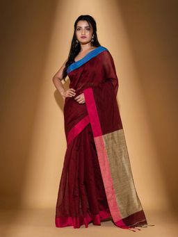 Beatitude - Maroon Blended Cotton Woven Saree with Unstitched Blouse