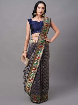 Akhilam - Women Silk Blend Navy Blue Woven Saree with Unstitched Blouse