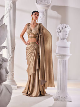 MANDIRA WIRK - Golden Saree with Stitched Blouse and Belt