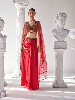 MANDIRA WIRK - Red Fusion Style Top with Skirt (Set of 4)