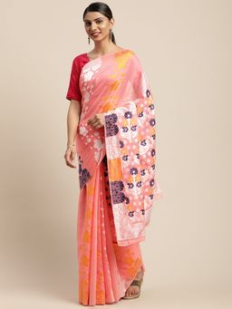 Vastranand - Pink & Navy Blue Woven Design Jamdani Saree with Unstitched Blouse
