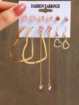 Jewels Galaxy - Gold Plated Heart inspired Pink & Gold Studs & Drop Earrings (Pack of 6)