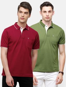 Classic Polo - Men Solid Red & Green Cotton Blend Regular Fit Polo T-Shirts (Pack of 2)