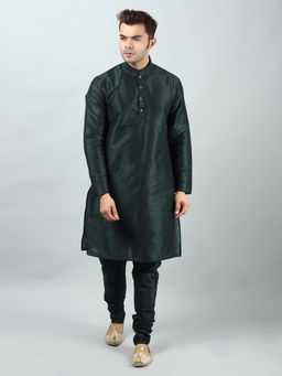 Uri and MacKenzie - Men's Green Silk Blend Solid Kurta and Pyjama
