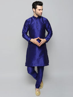 Uri and MacKenzie - Men's Navy Blue Silk Blend Solid Kurta and Pyjama