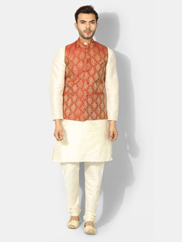 Uri and MacKenzie - Men's Maroon Silk Blend Embroidered Kurta with Pyjama & Jacket