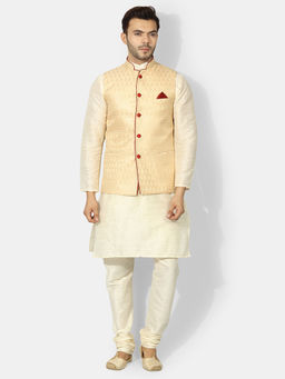 Uri and MacKenzie - Men's Cream Silk Blend Embroidered Kurta with Pyjama & Jacket