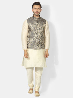Uri and MacKenzie - Men's Grey Silk Blend Embroidered Kurta with Pyjama & Jacket