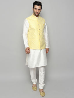 Uri and MacKenzie - Men's Yellow Silk Blend Embroidered Kurta with Pyjama & Jacket