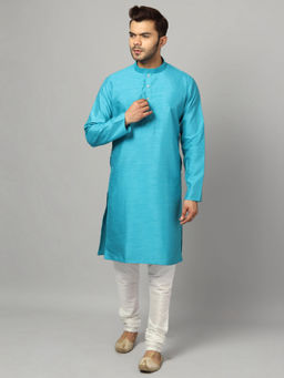 Uri and MacKenzie - Men's Blue Silk Blend Solid Kurta and Pyjama