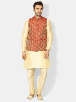 Uri and MacKenzie - Men's Maroon Silk Blend Embroidered Kurta with Pyjama & Jacket