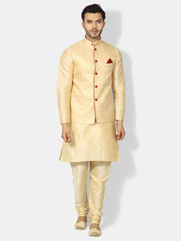 Uri and MacKenzie - Men's Gold Silk Blend Embroidered Kurta with Pyjama & Jacket