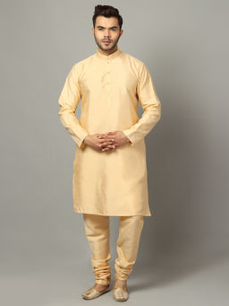 Uri and MacKenzie - Men's Beige Silk Blend Solid Kurta and Pyjama