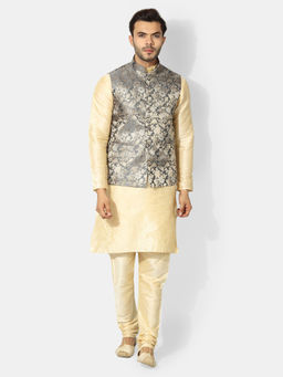 Uri and MacKenzie - Men's Grey Silk Blend Embroidered Kurta with Pyjama & Jacket
