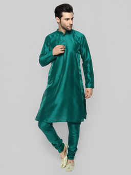 Uri and MacKenzie - Men's Teal Silk Blend Solid Kurta and Pyjama