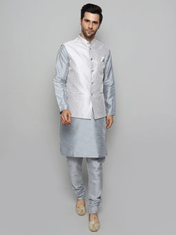 Uri and MacKenzie - Men's Grey Silk Blend Embroidered Kurta with Pyjama & Jacket