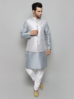 Uri and MacKenzie - Men's Grey Silk Blend Embroidered Kurta with Pyjama & Jacket