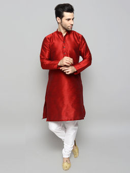 Uri and MacKenzie - Men's Red Silk Blend Solid Kurta and Pyjama
